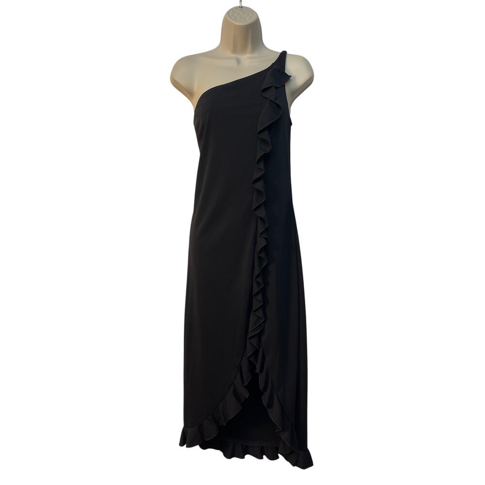 Jessica McClintock Gunne Sax Black One Shoulder Ruffle Midi Dress 9 35777-03